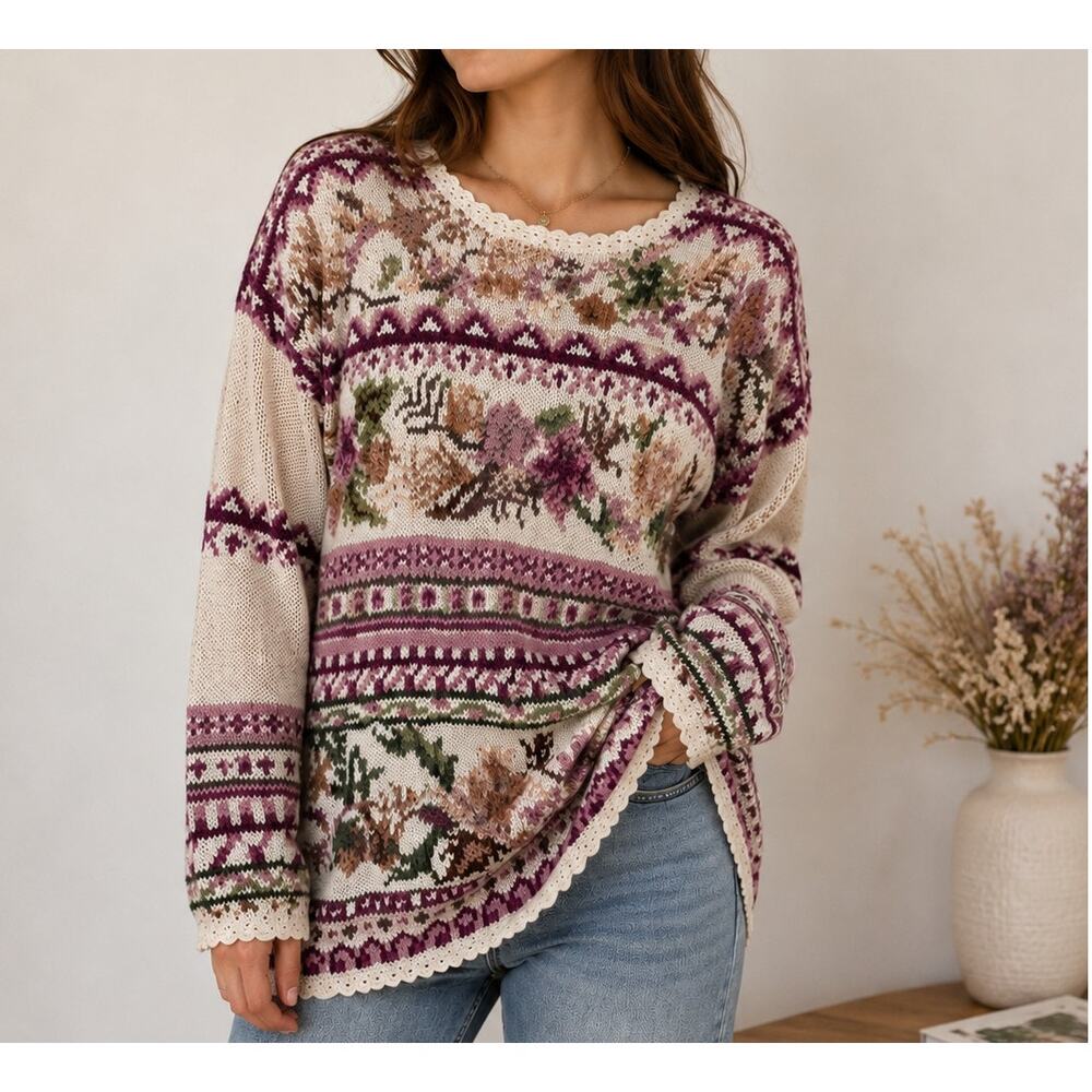Vintage Heirloom Collectibles Floral Ramie Cotton Cottagecore Sweater M